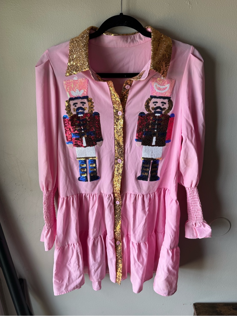 Pink Sequin Nutcracker Shirt Dress Medium Tiered Ruffle Smocked Cuff Christmas